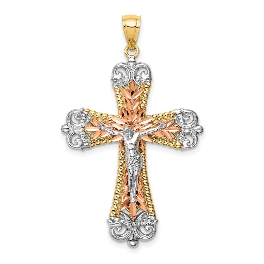 Million Charms 14k Gold Tri-Color w/Rhodium Crucifix Necklace Charm Pendant